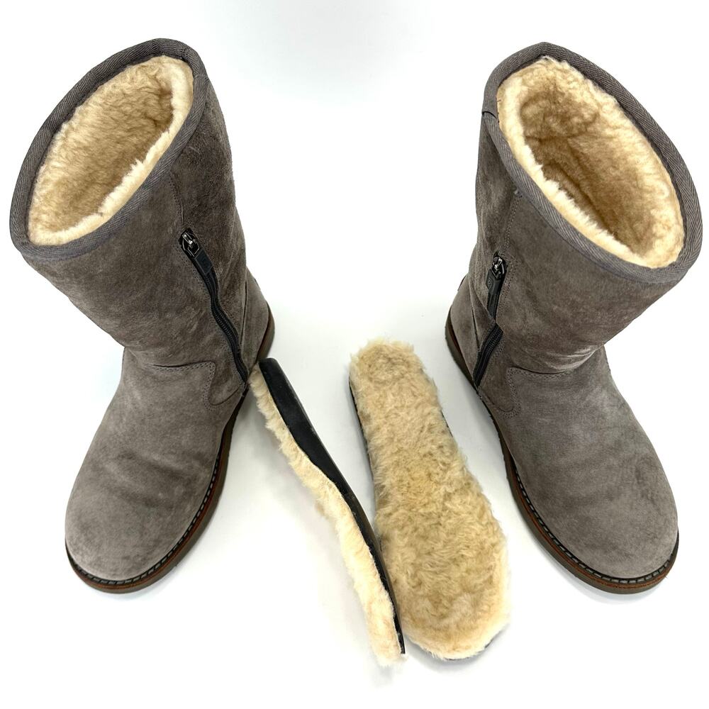 UGG Australia Gray Short Winter Boot Sz 6 Suede Wool Cold Weather Flat Mid-Calf